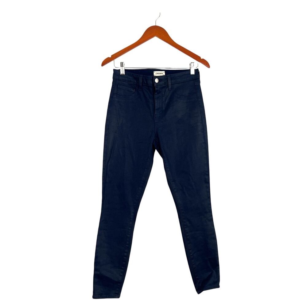 L'Agence Margo Coated Denim Skinny Jeans Navy Blue Size 27 Stretch High Rise